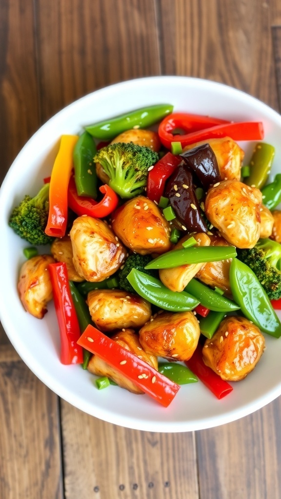 Quick Low-Carb Chicken Stir-Fry A colorful low-carb chicken stir-fry with bell peppers, broccoli, and snap peas, garnished with sesame seeds and green onions.